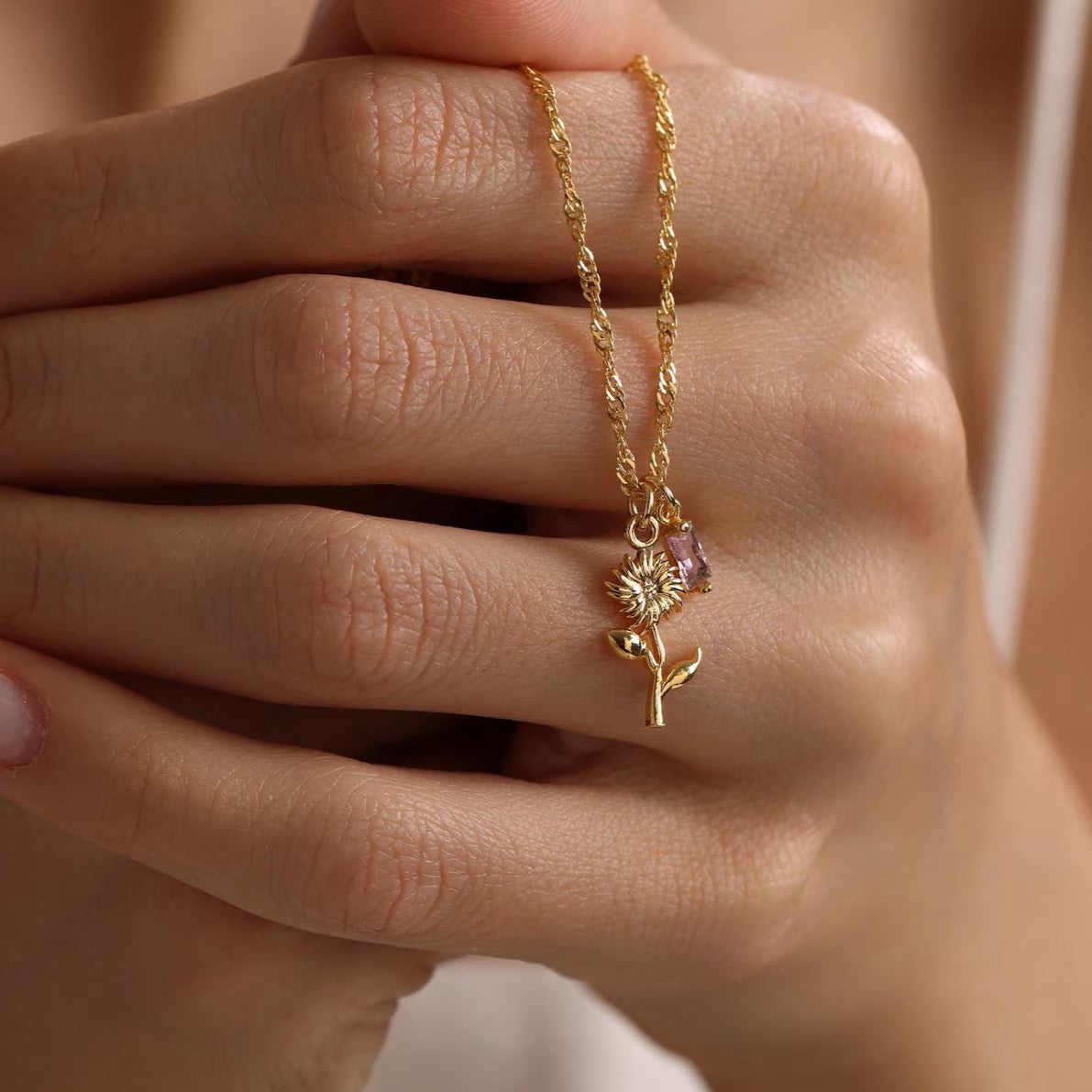 Birth Flower with Birthstone Necklace