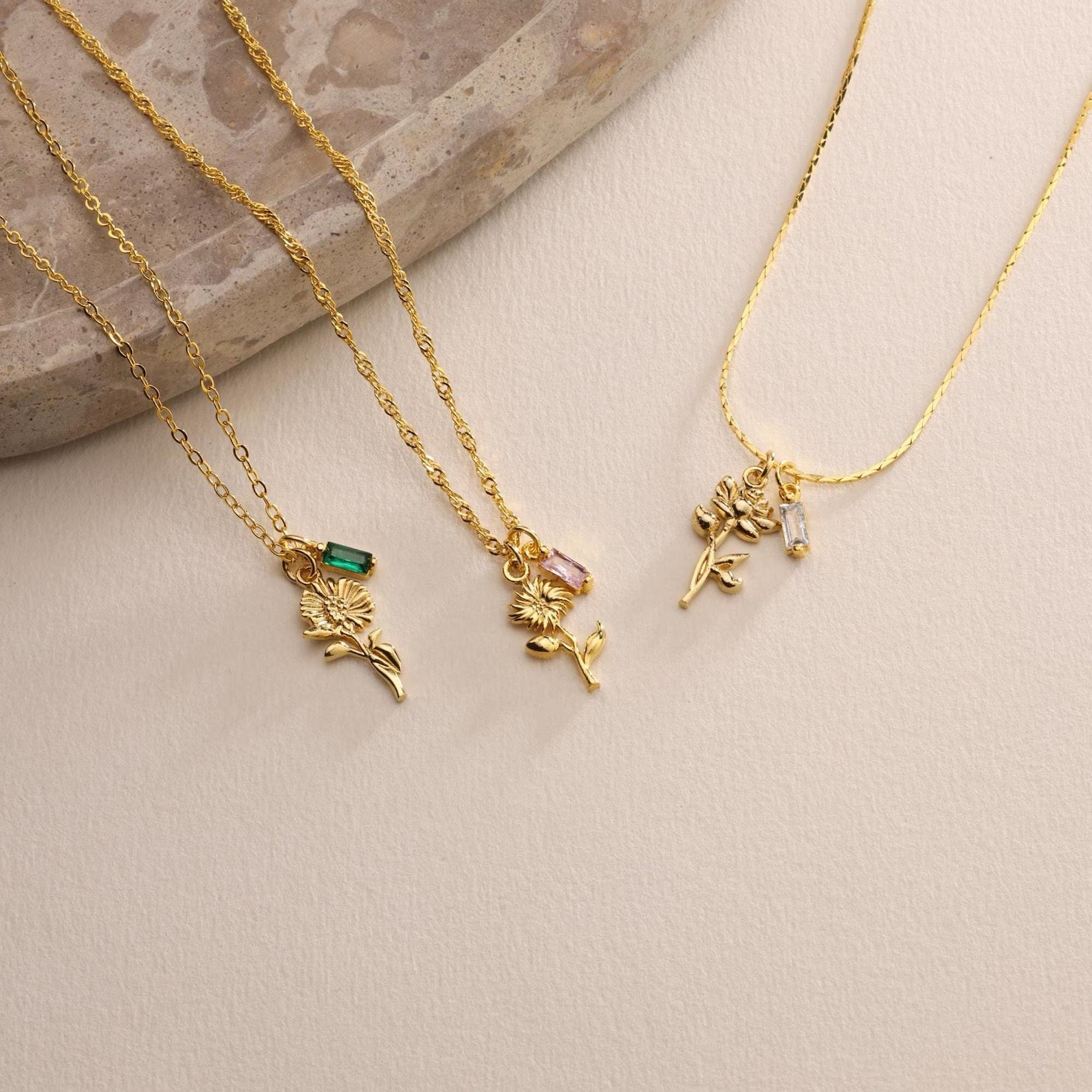 Birth Flower with Birthstone Necklace