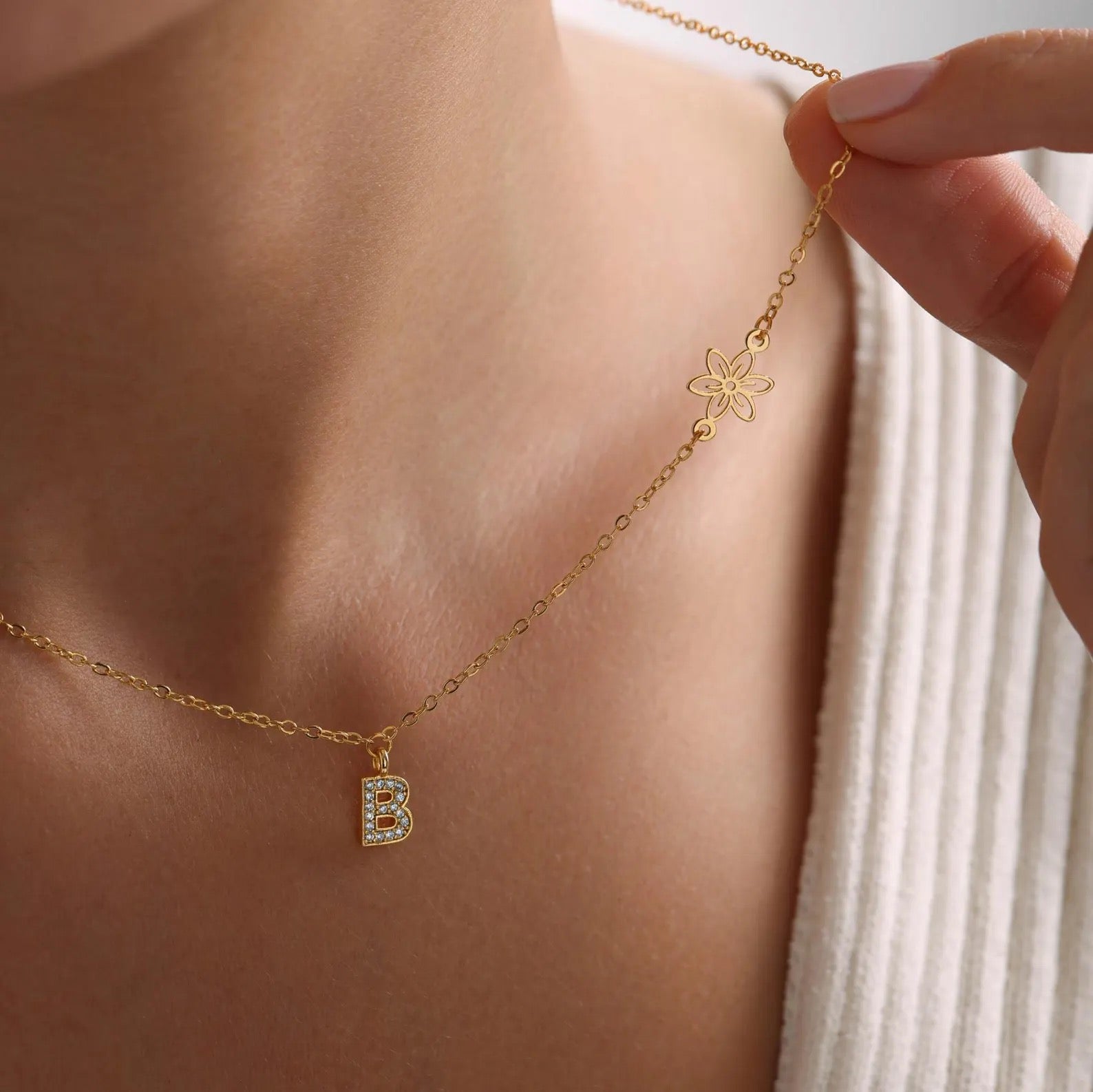 Sideways Tiny Birthflower Initial Pave Necklace