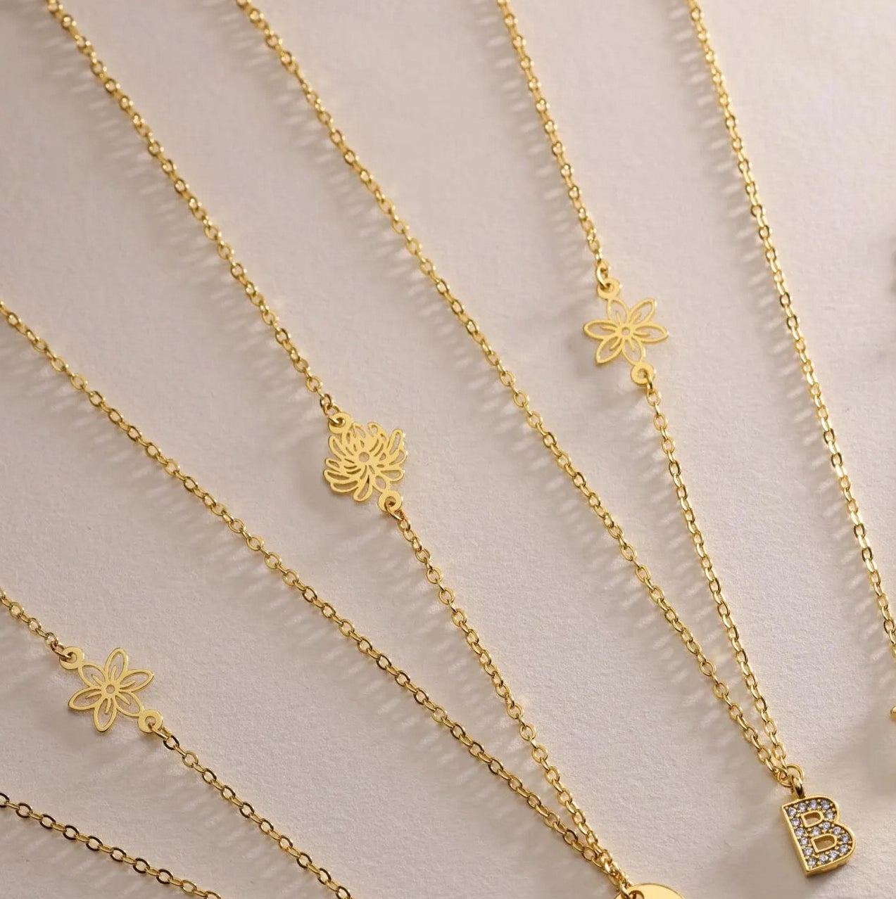 Sideways Tiny Birthflower Initial Pave Necklace