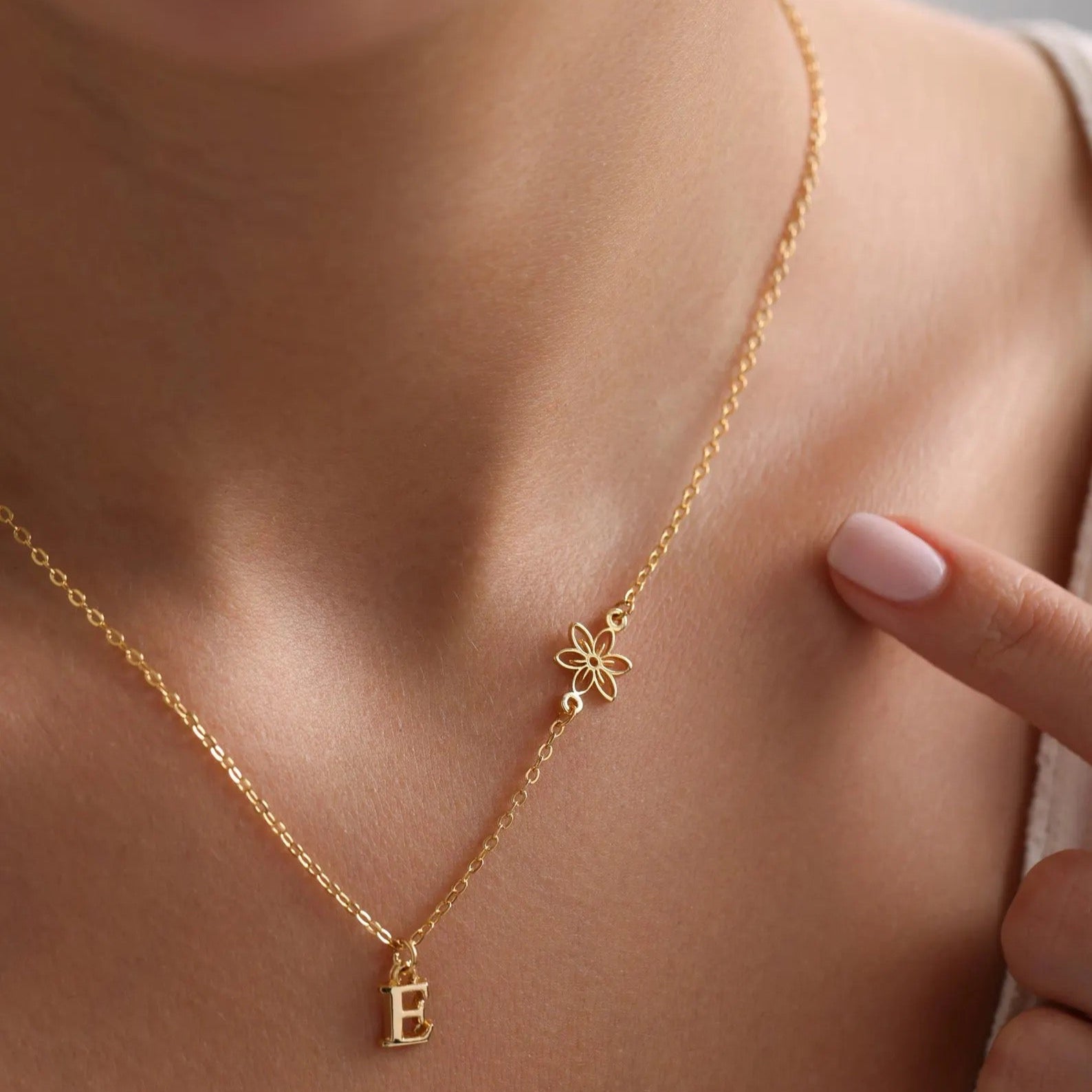 Sideways Tiny Birthflower Initial Pave Necklace