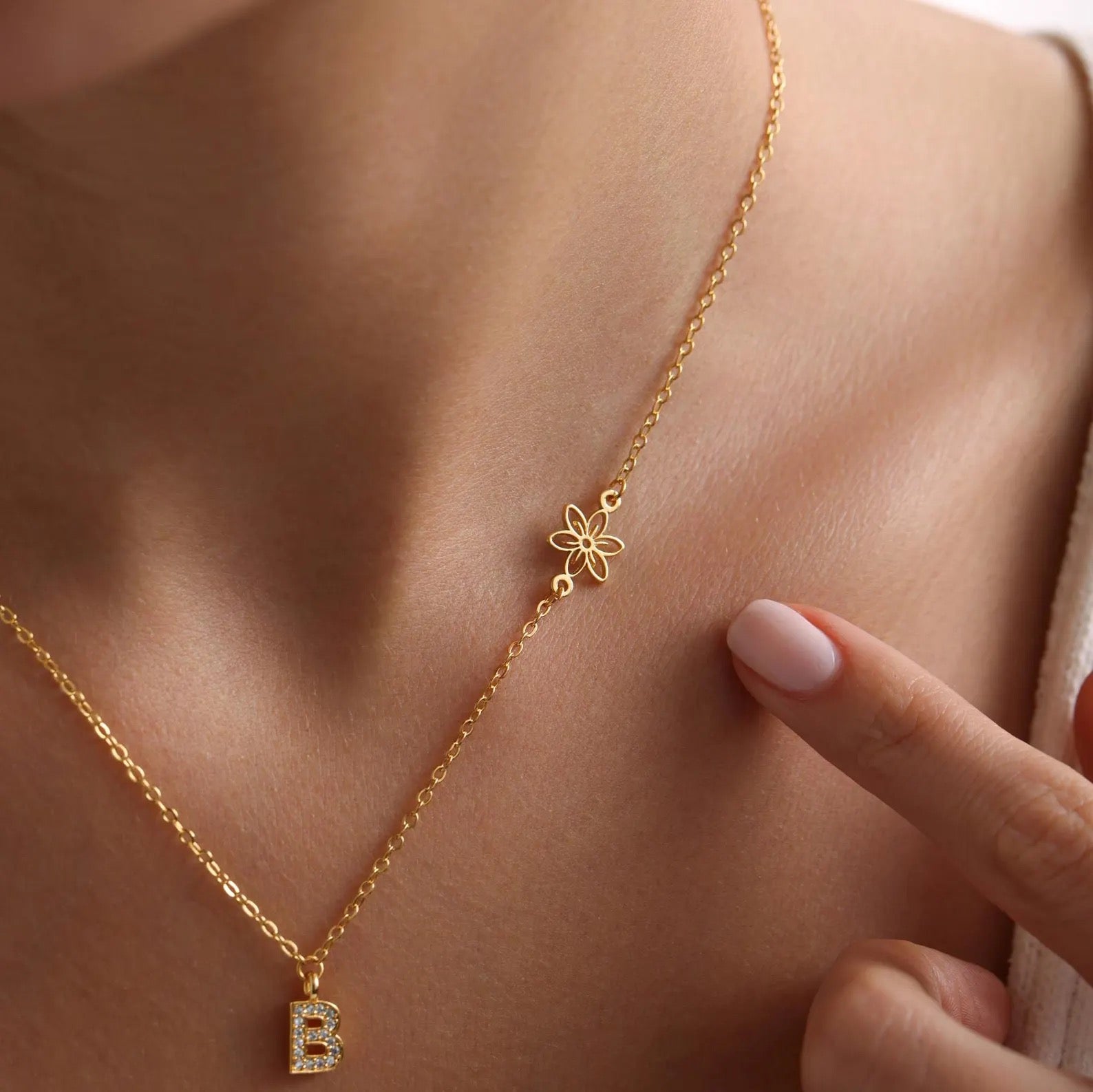 Sideways Tiny Birthflower Initial Pave Necklace