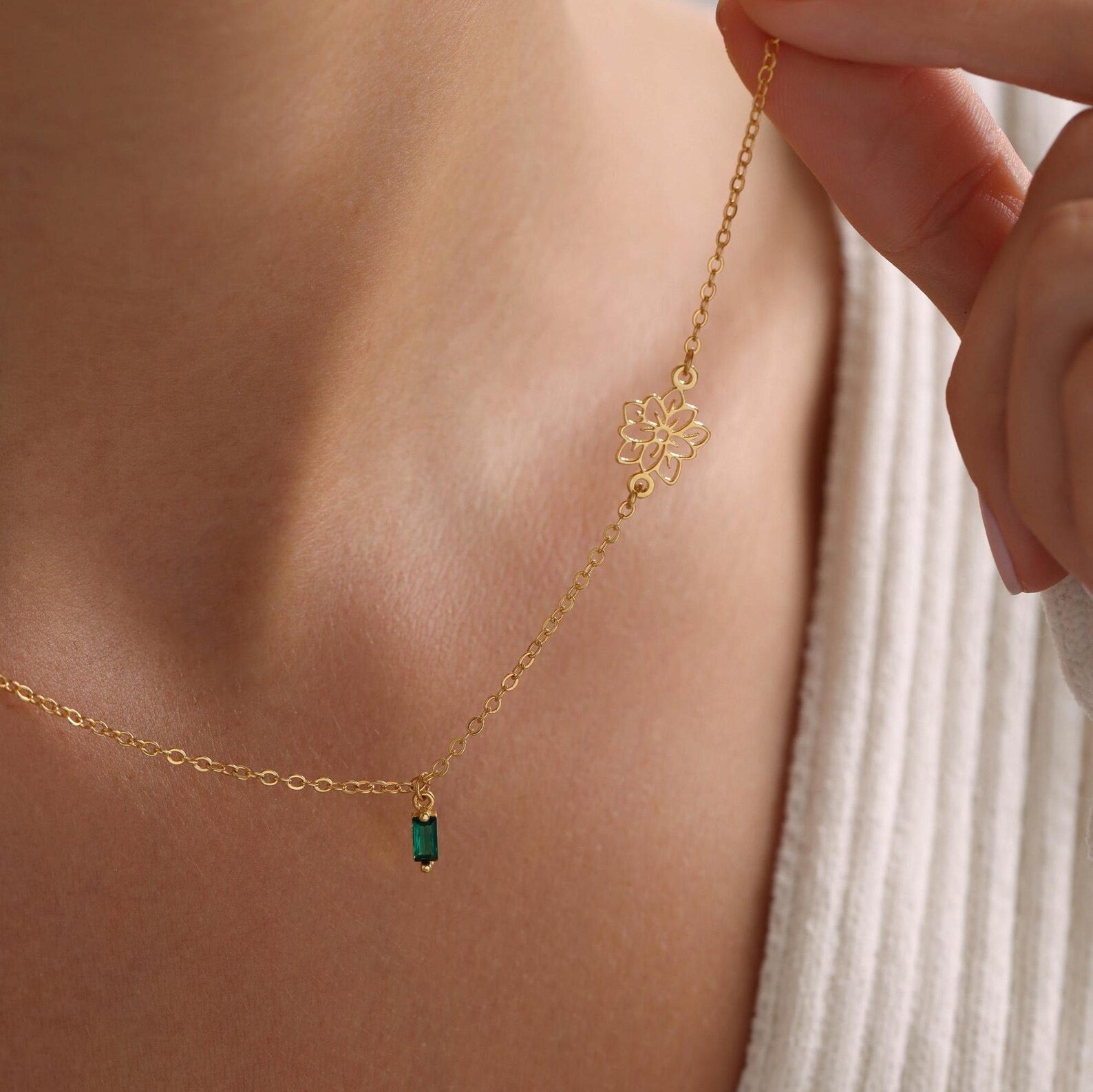 Sideways Birthflower with Birthstone Necklace