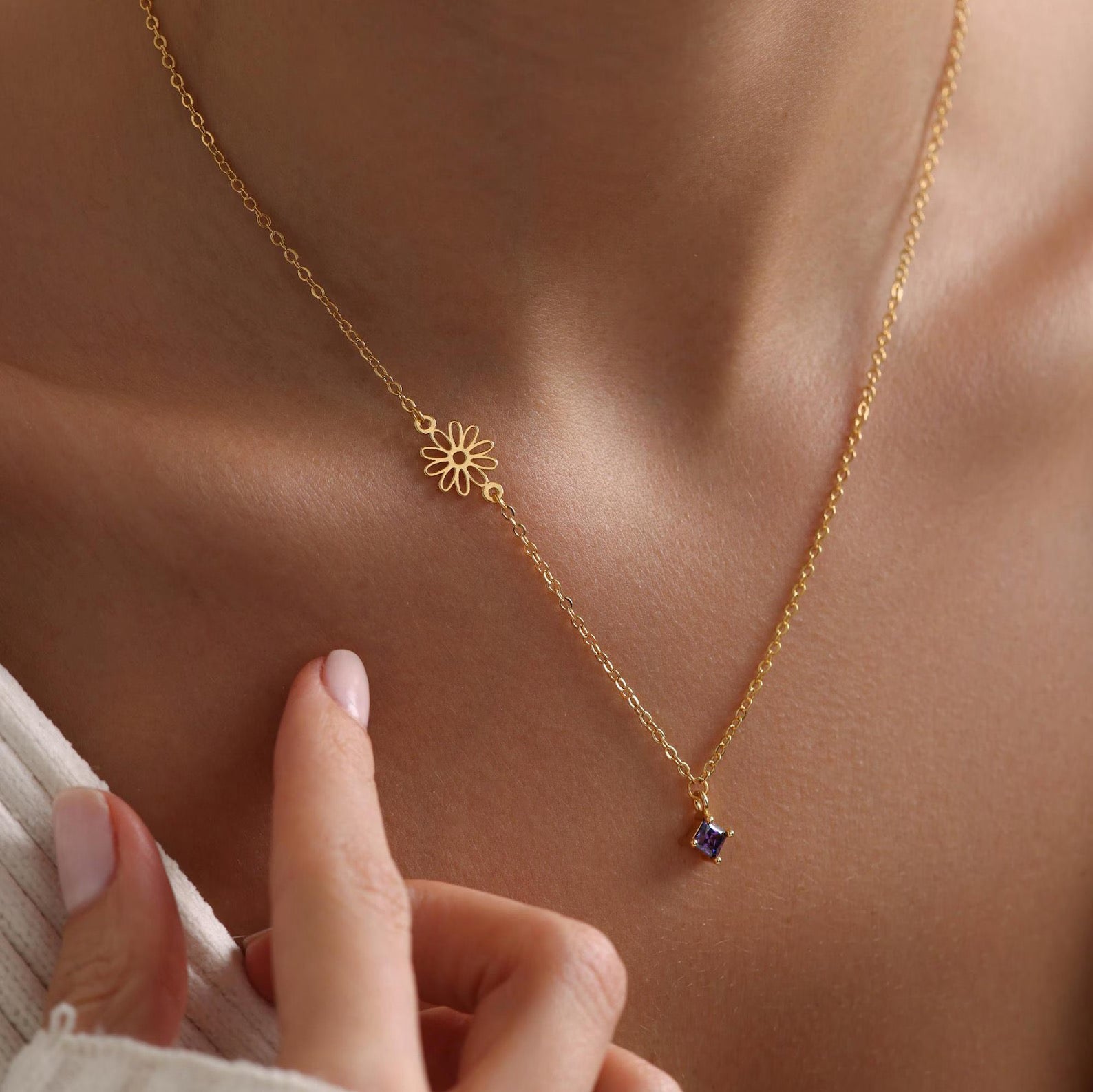 Sideways Birthflower with Birthstone Necklace