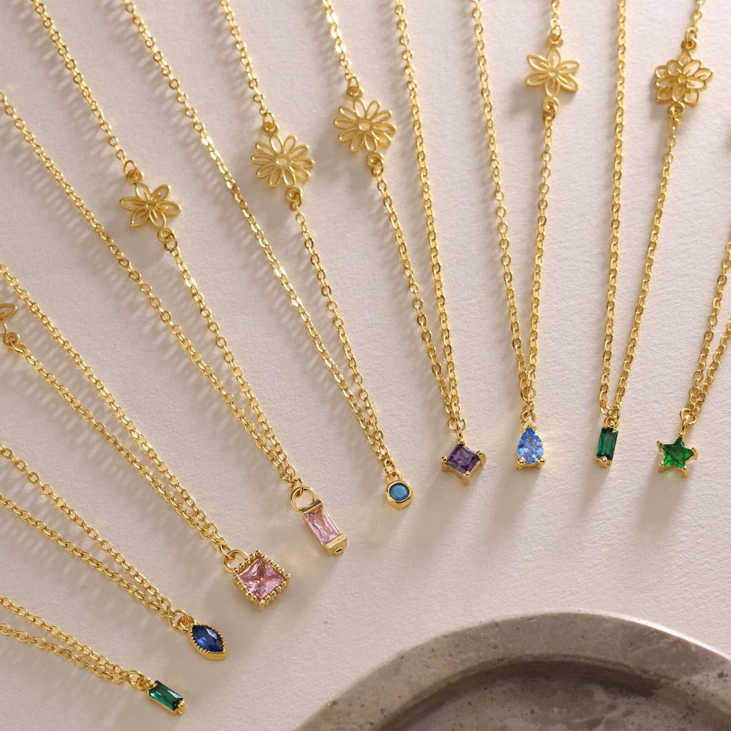 Sideways Birthflower with Birthstone Necklace