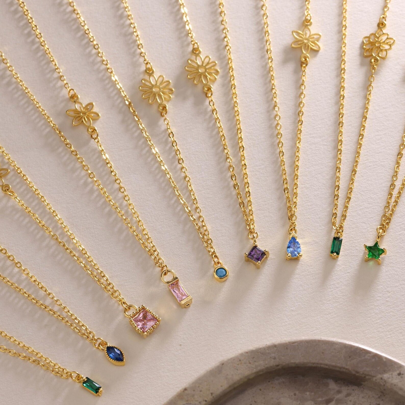 Sideways Birthflower with Birthstone Necklace