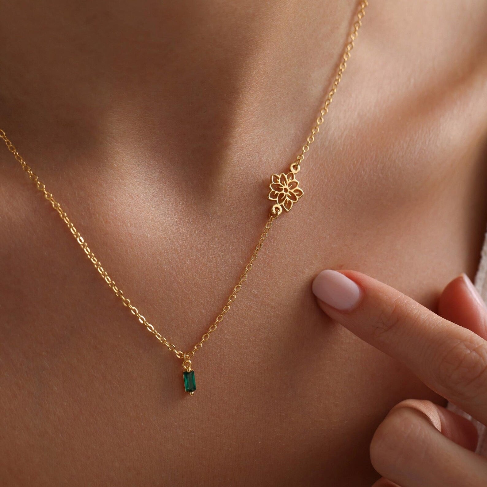 Sideways Birthflower with Birthstone Necklace