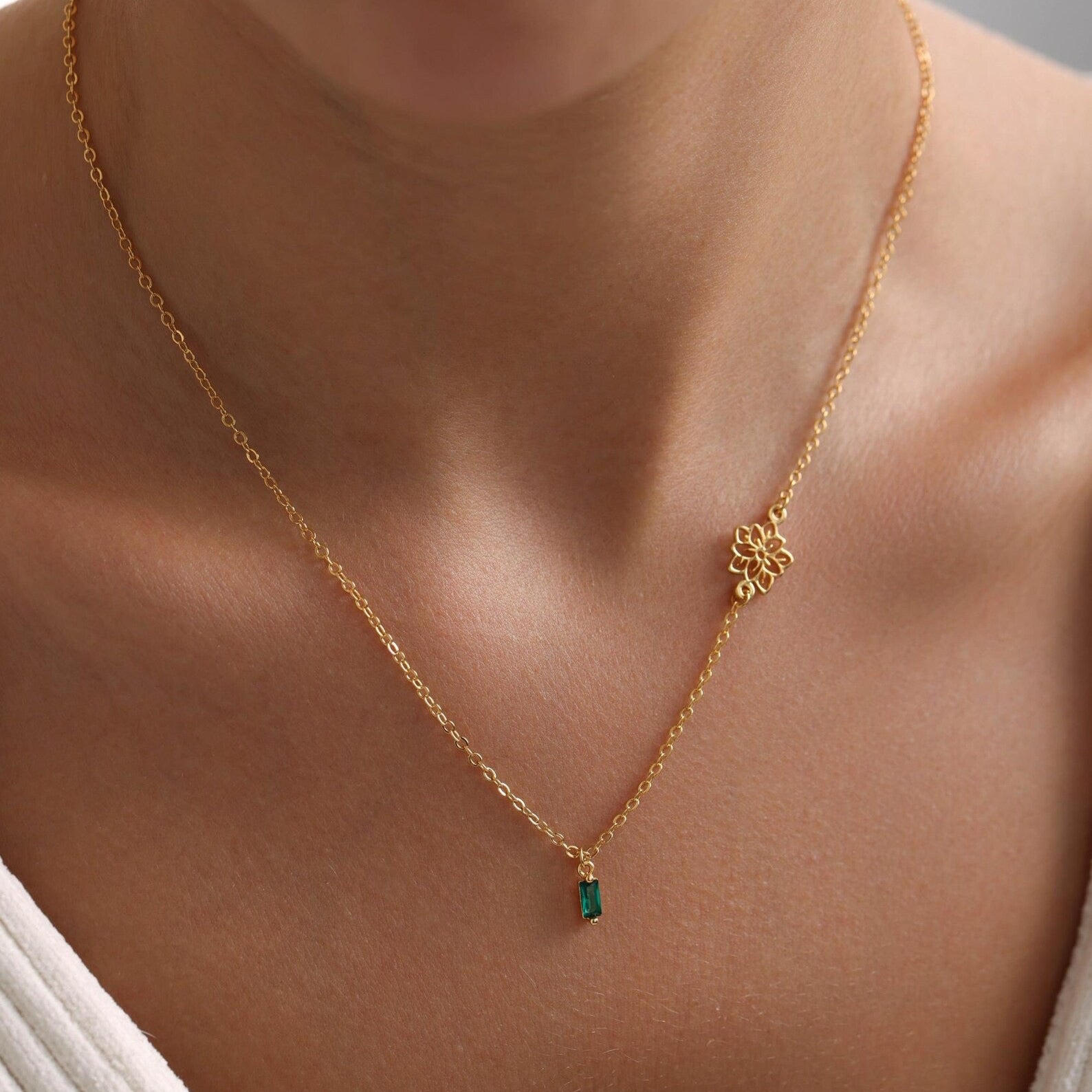 Sideways Birthflower with Birthstone Necklace