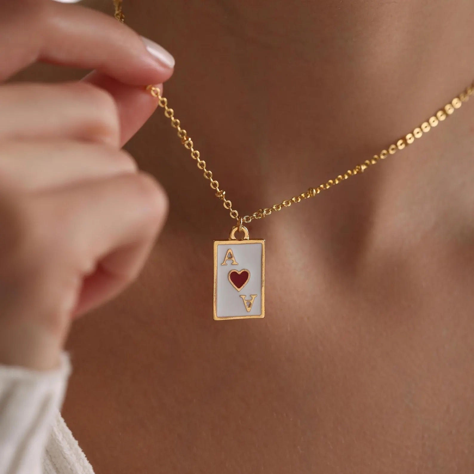 Gold Dainty Enamel Poker Card Pendant Necklace