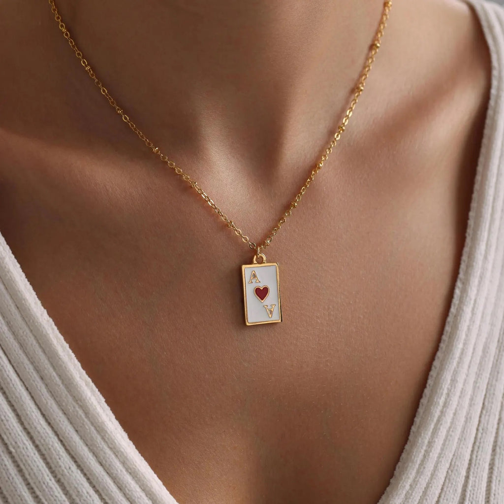 Gold Dainty Enamel Poker Card Pendant Necklace