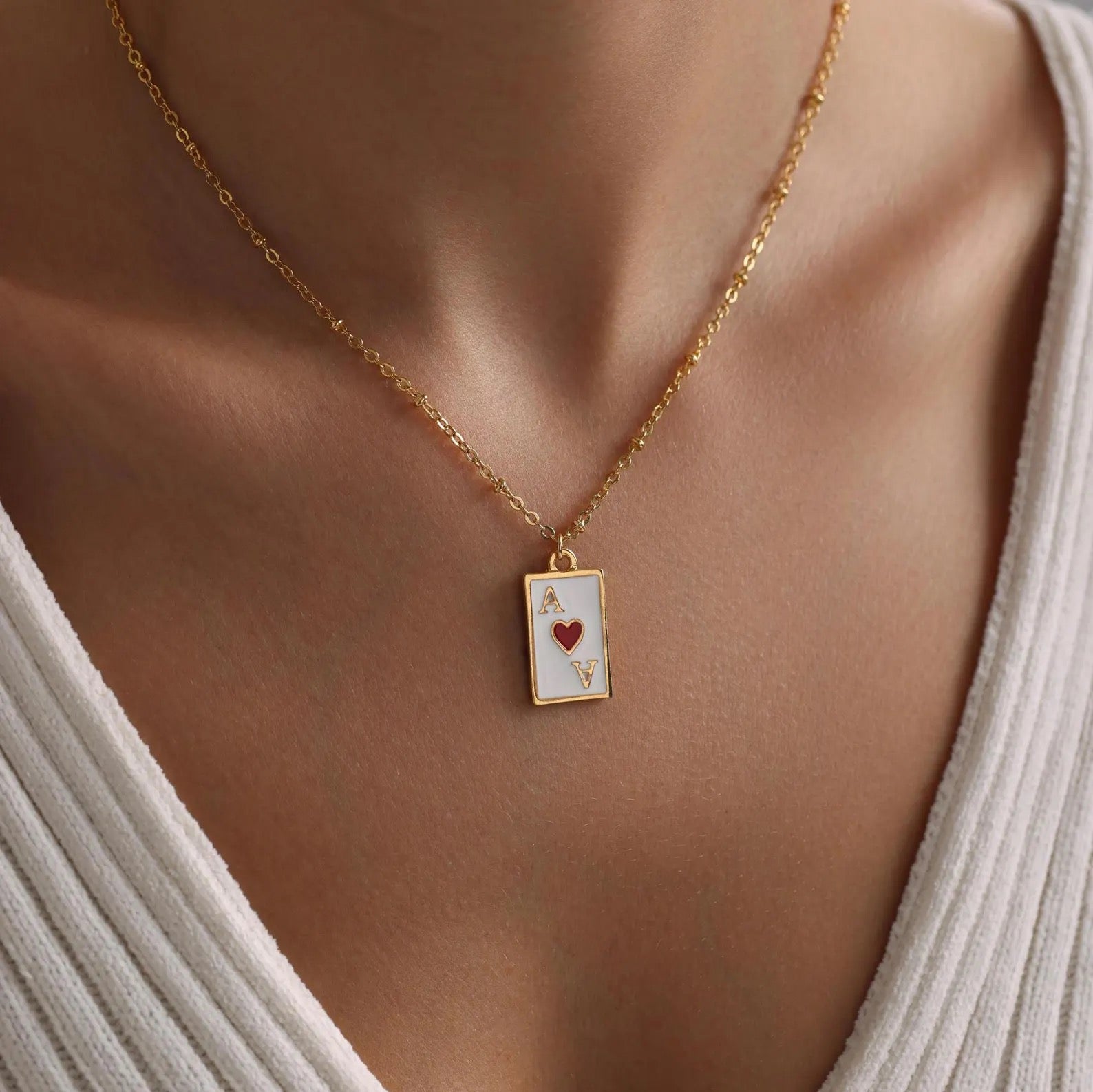 Gold Dainty Enamel Poker Card Pendant Necklace