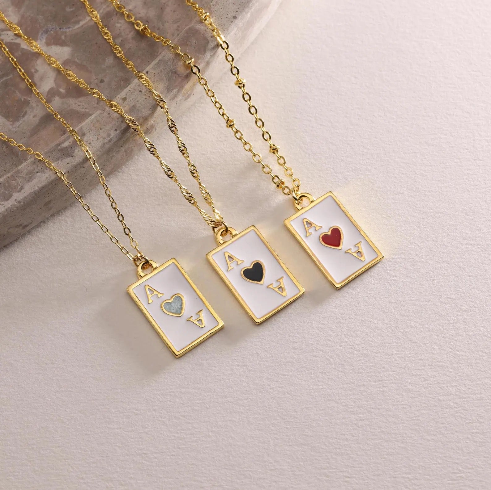 Gold Dainty Enamel Poker Card Pendant Necklace