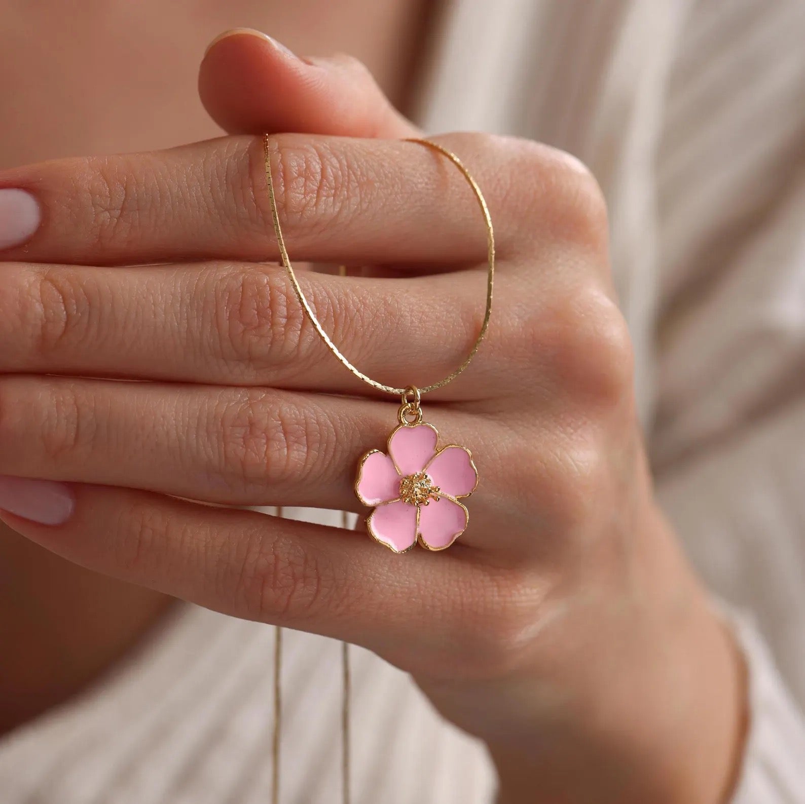 Gold Plated Enamel Sakura Flower Necklace