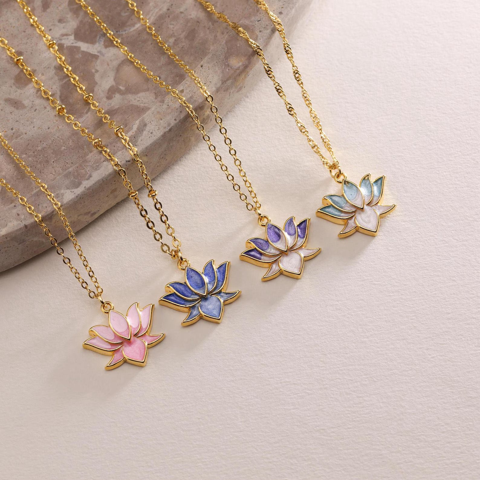 Gold Plated Enamel Lotus Flower Necklace