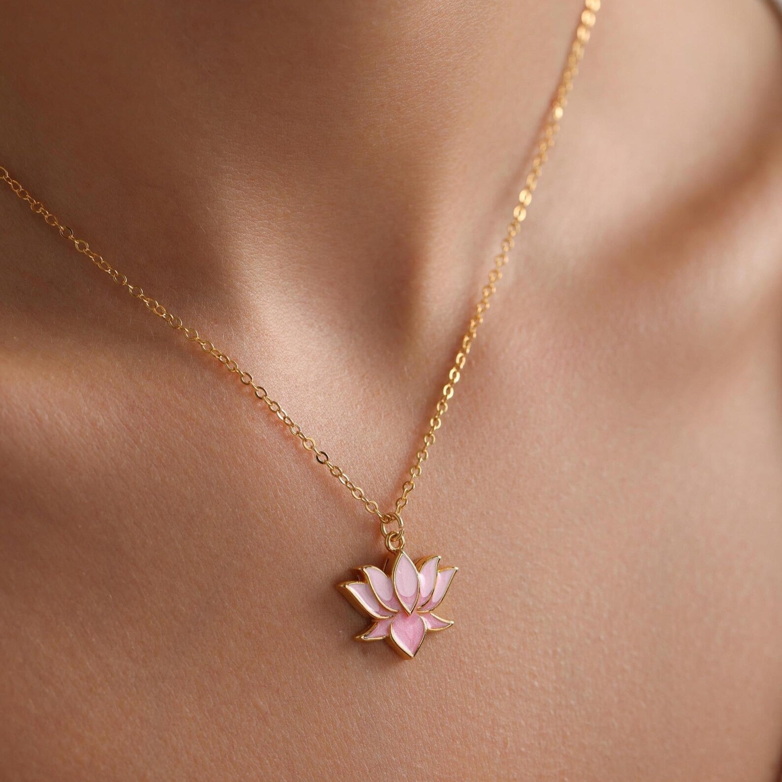Gold Plated Enamel Lotus Flower Necklace