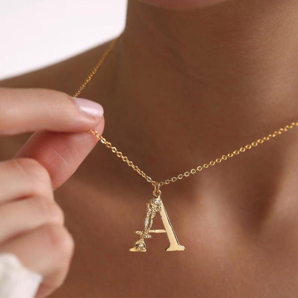 Rose Flower Initial Pendant Necklace