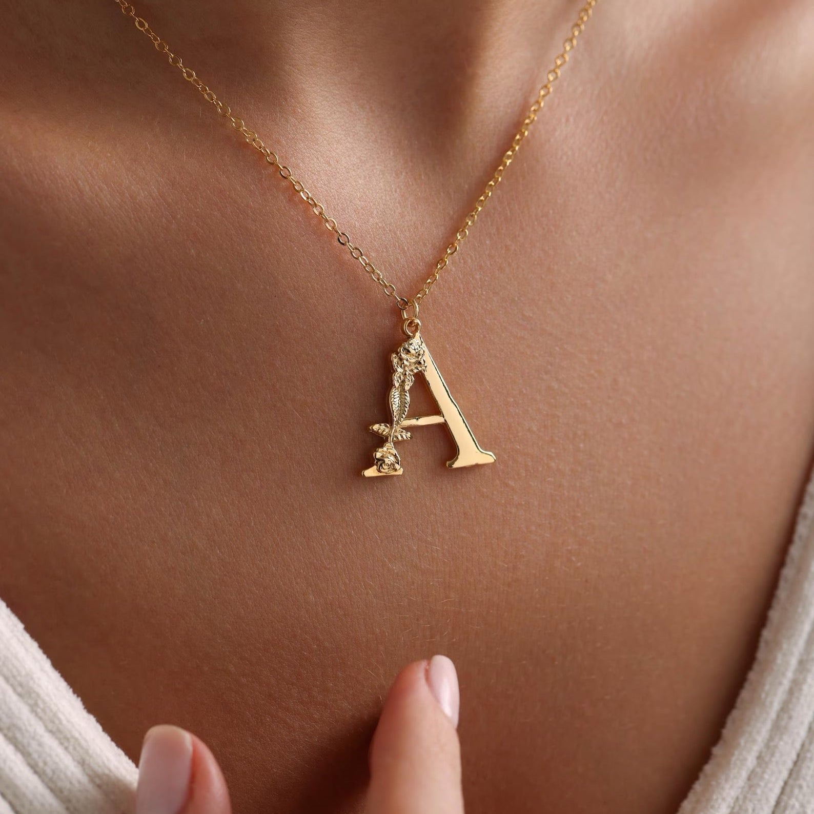 Rose Flower Initial Pendant Necklace