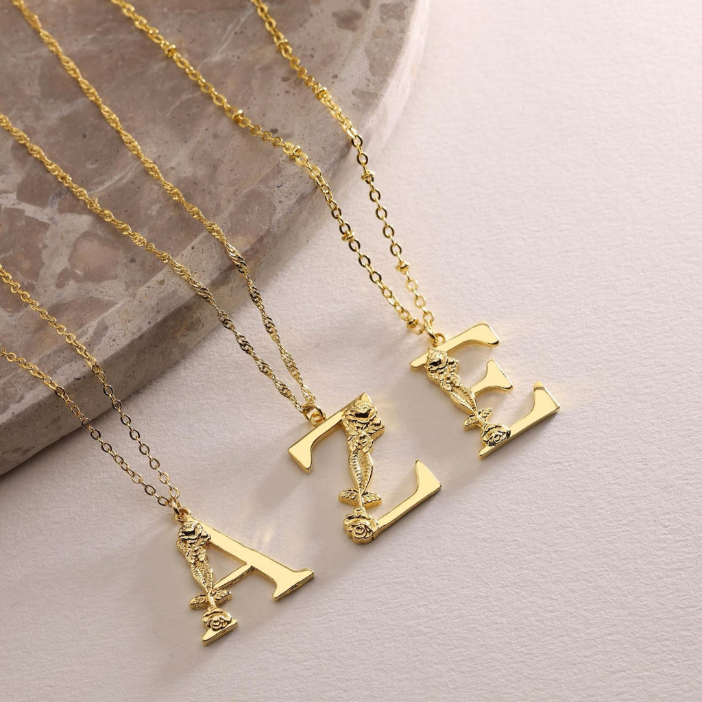 Rose Flower Initial Pendant Necklace