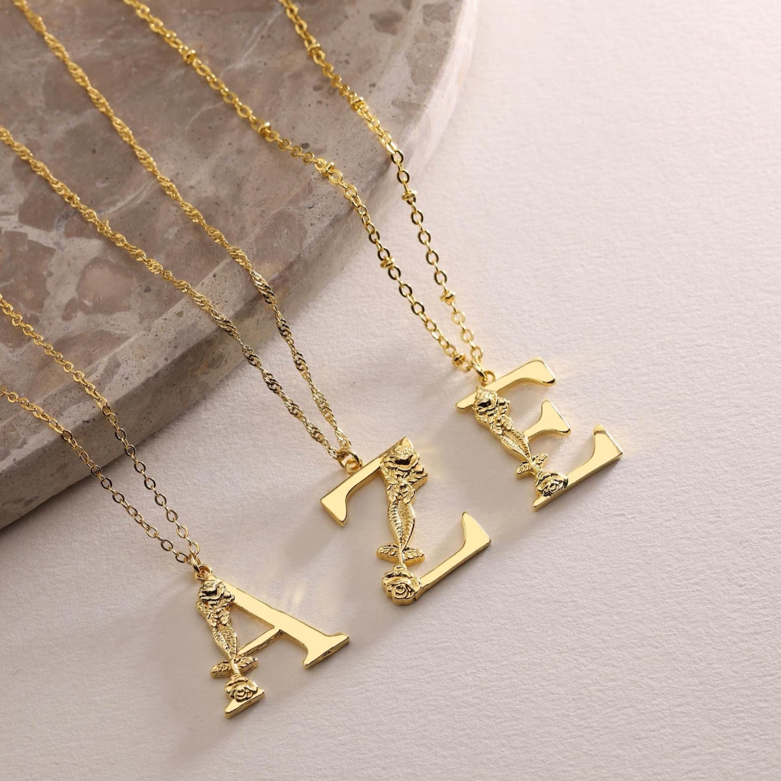 Rose Flower Initial Pendant Necklace