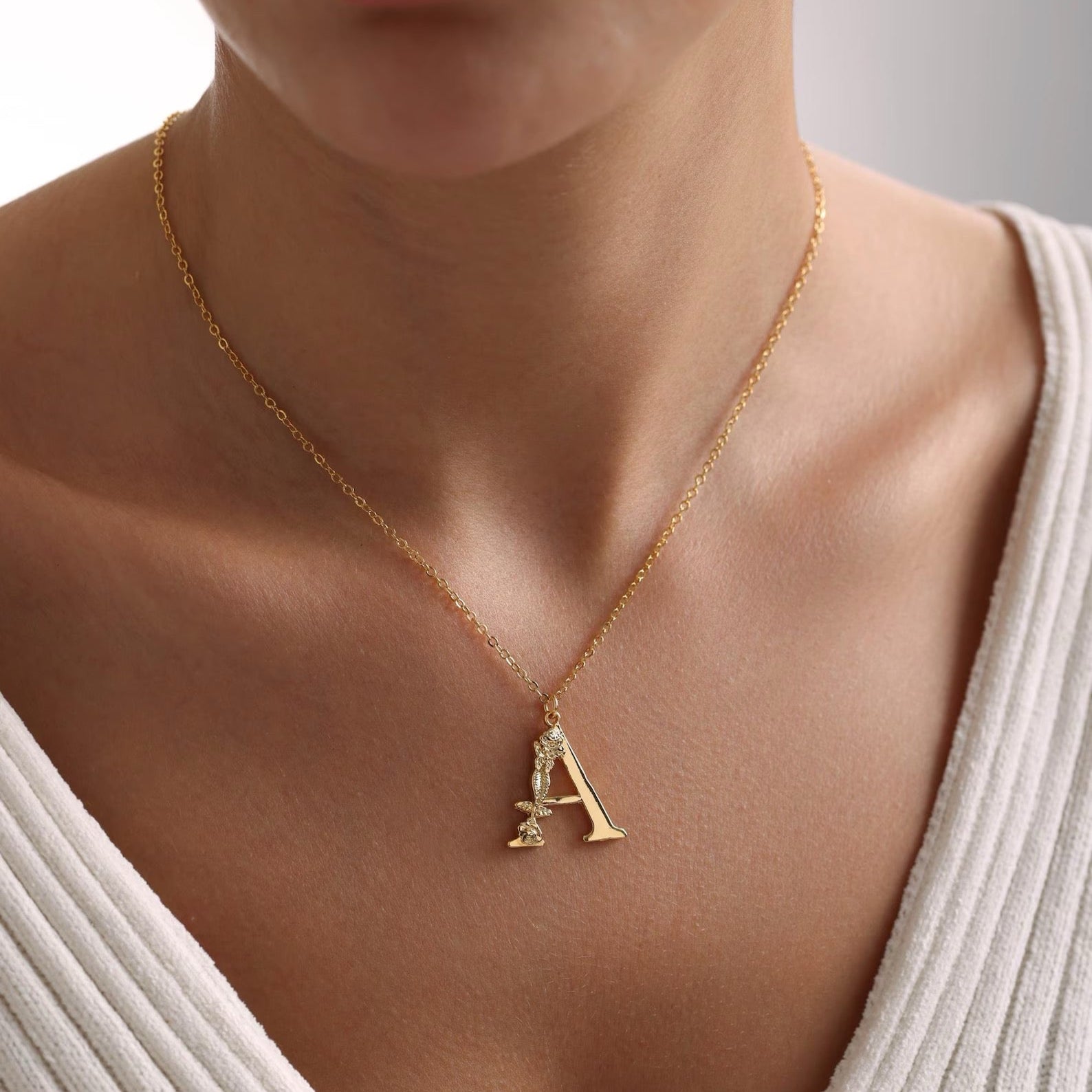 Rose Flower Initial Pendant Necklace