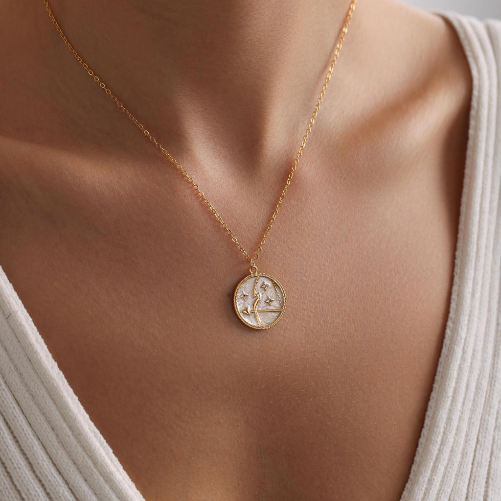 Personalized Mother of Pearl Enamel Zodiac Pave Necklace