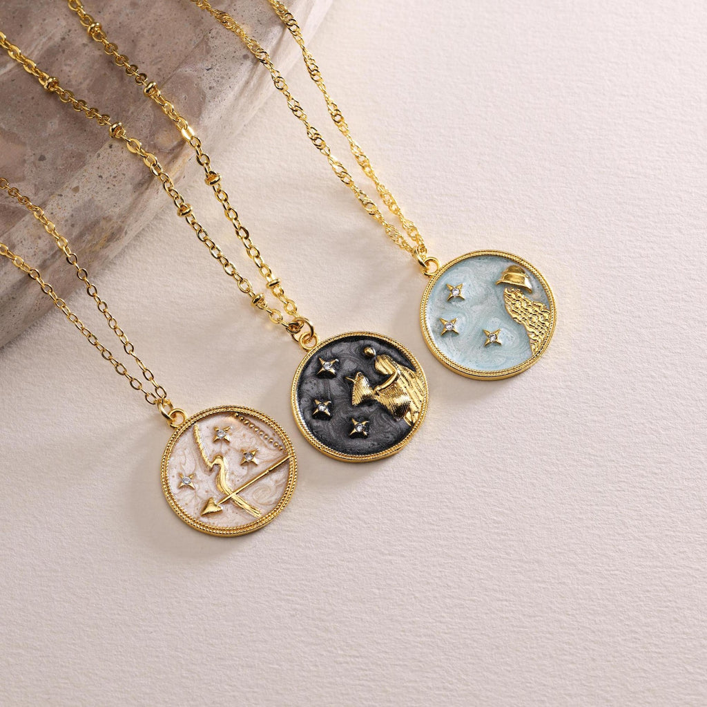 Personalized Mother of Pearl Enamel Zodiac Pave Necklace
