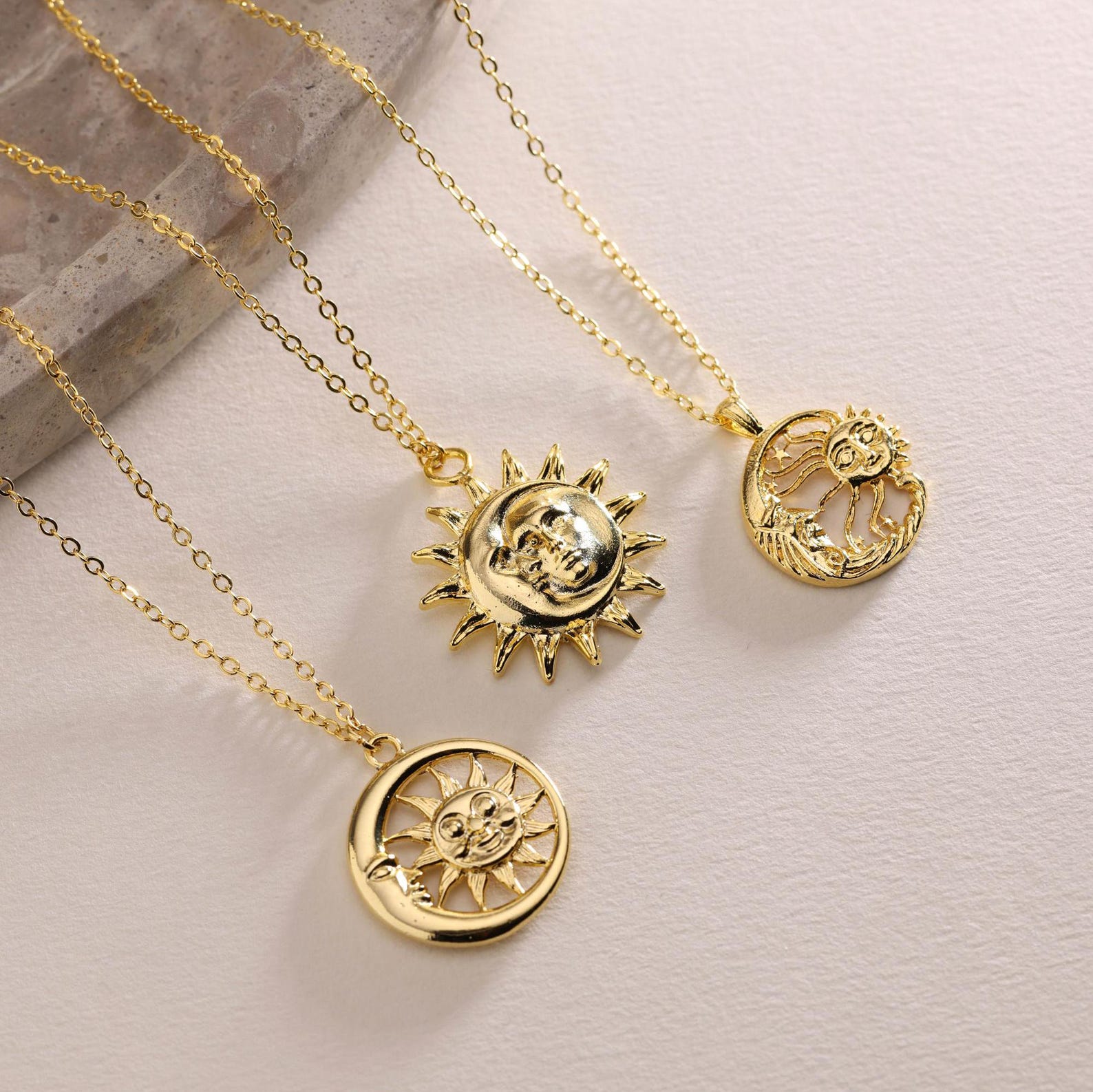 Plated Sun & Moon Face Pendant Necklace