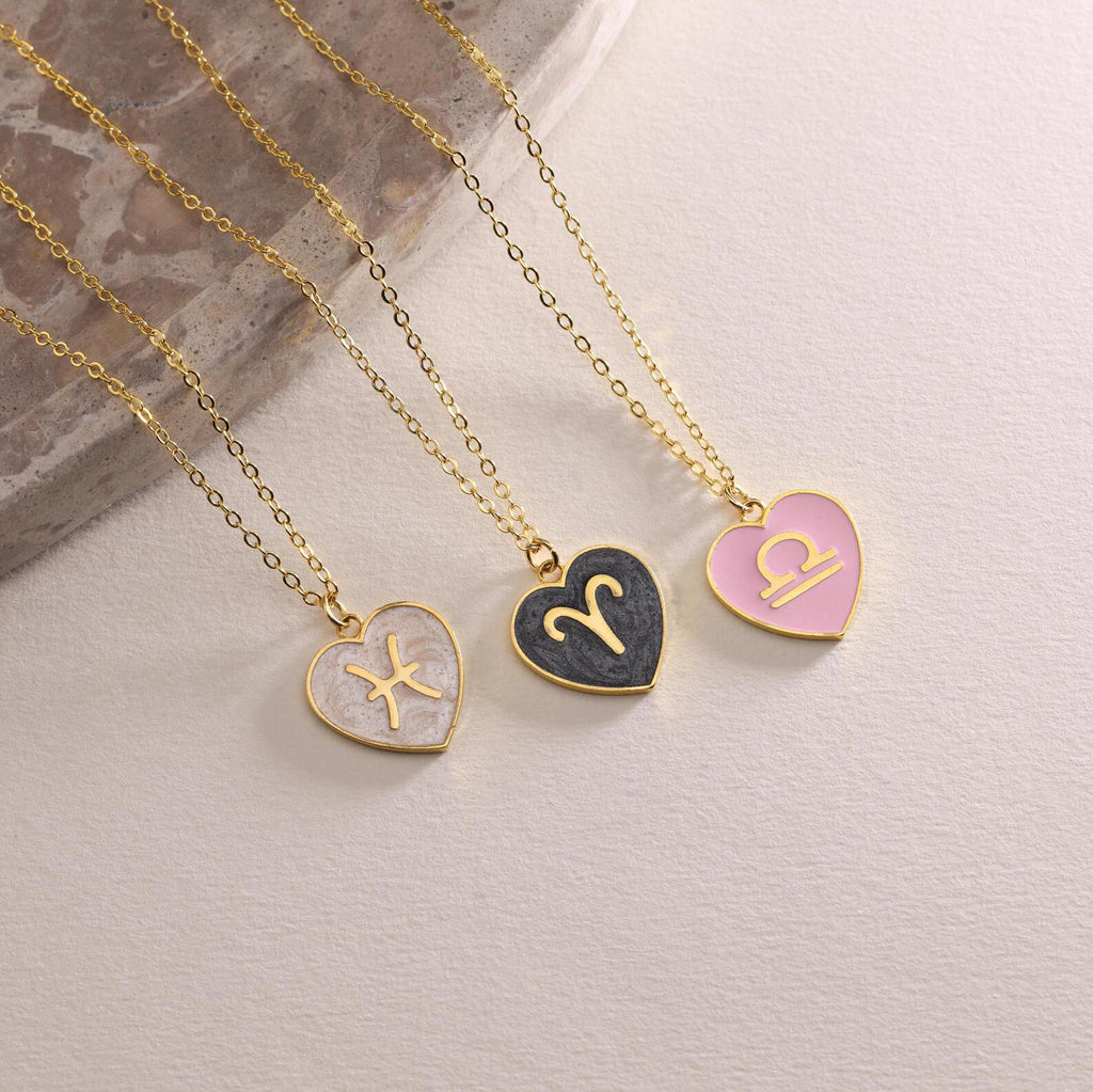 Mother of Pearl Enamel Heart Zodiac Pendant Necklace