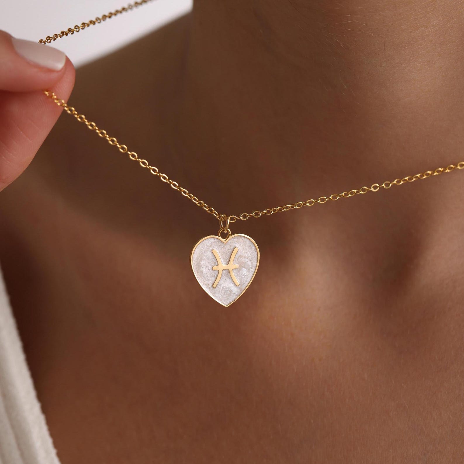 Mother of Pearl Enamel Heart Zodiac Pendant Necklace