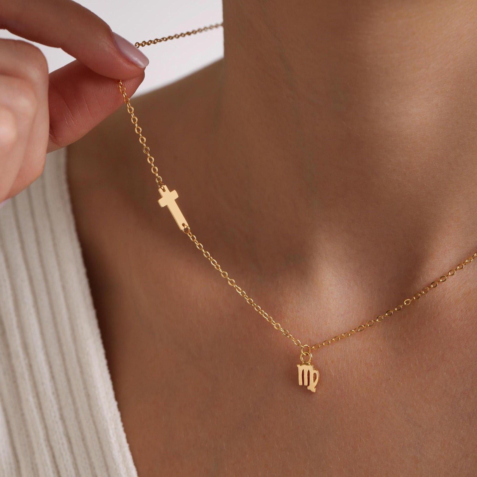 Gold Sideways Tiny Cross with Zodiac Necklace