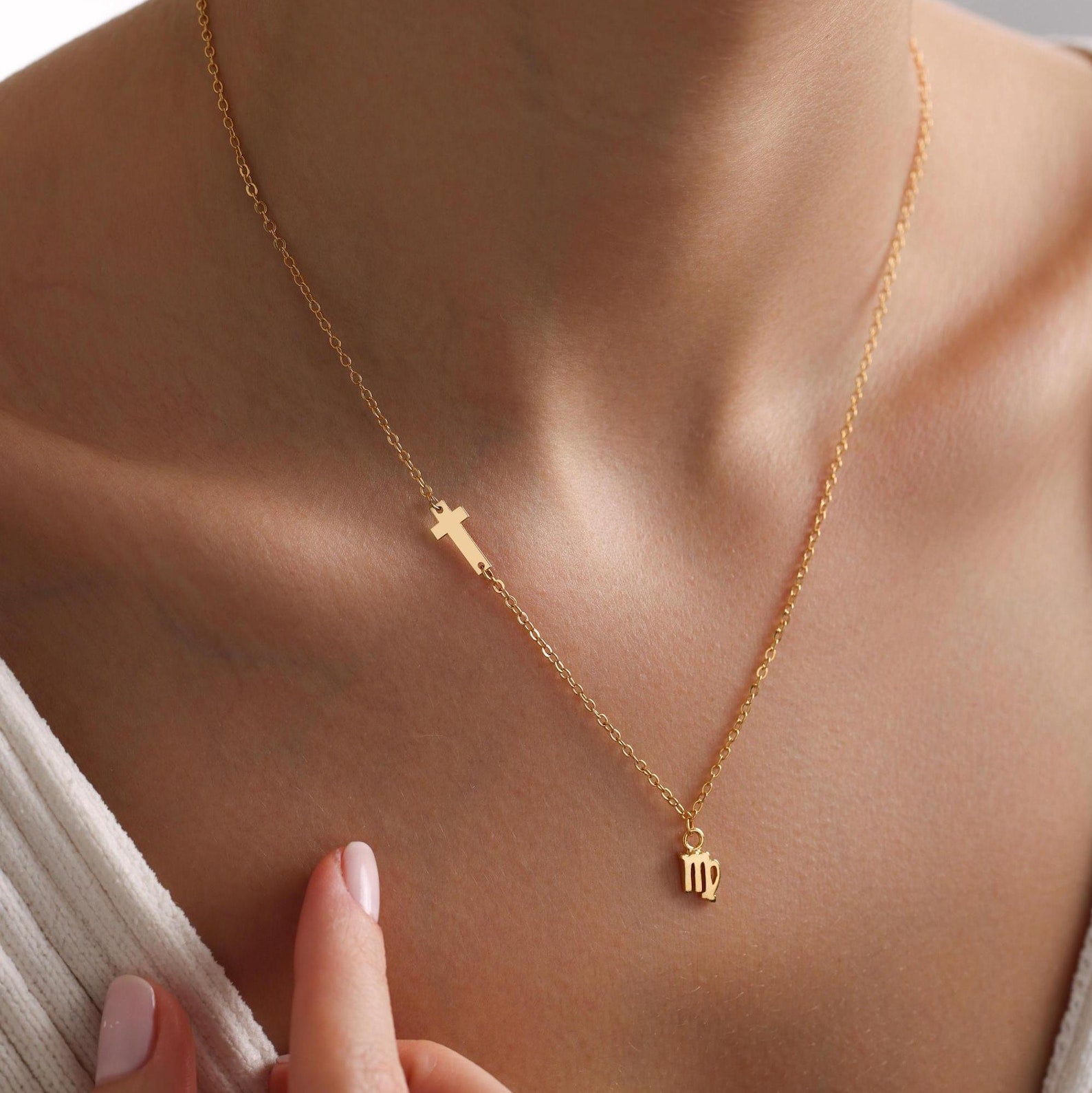 Gold Sideways Tiny Cross with Zodiac Necklace
