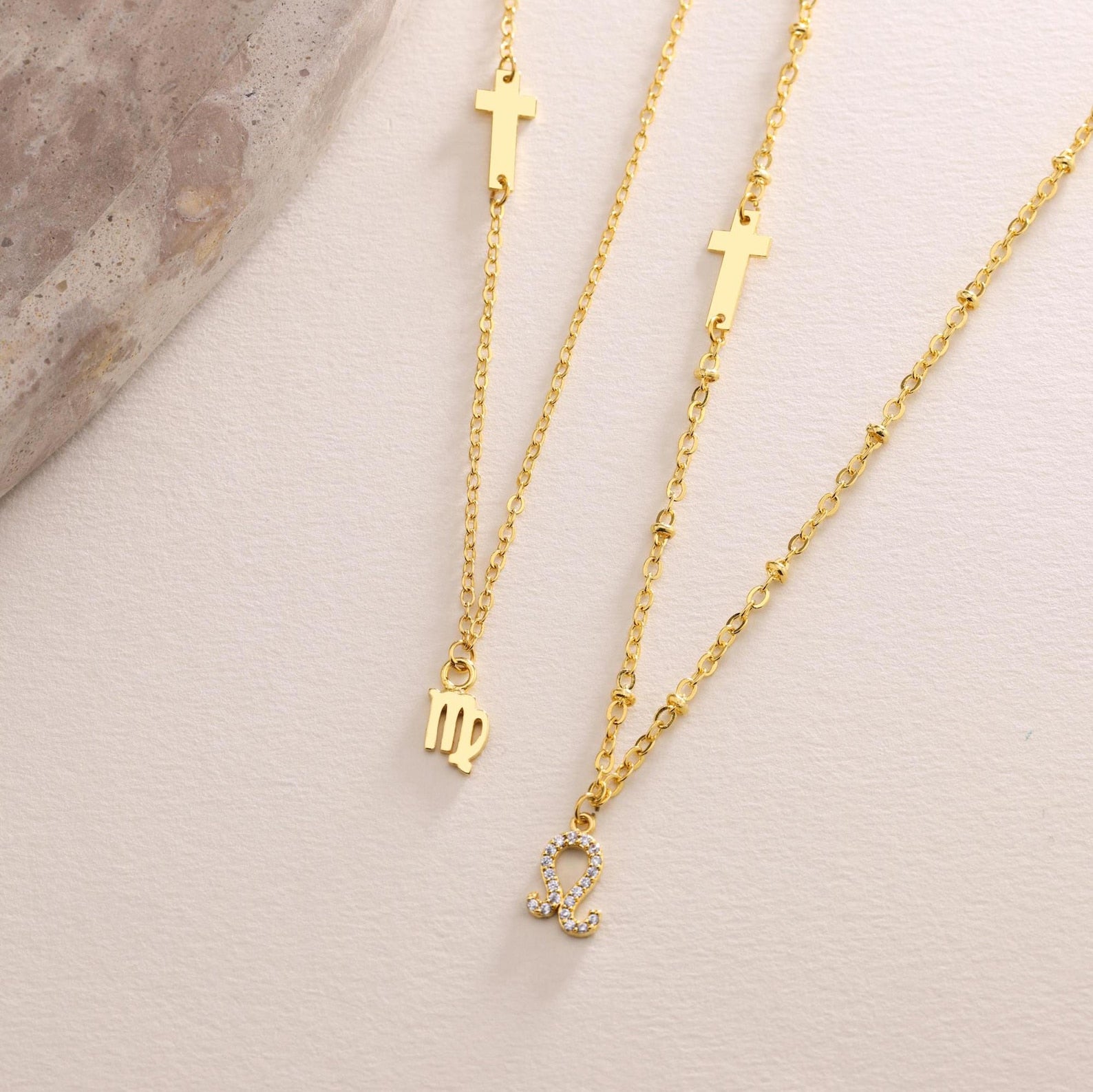 Gold Sideways Tiny Cross with Zodiac Necklace