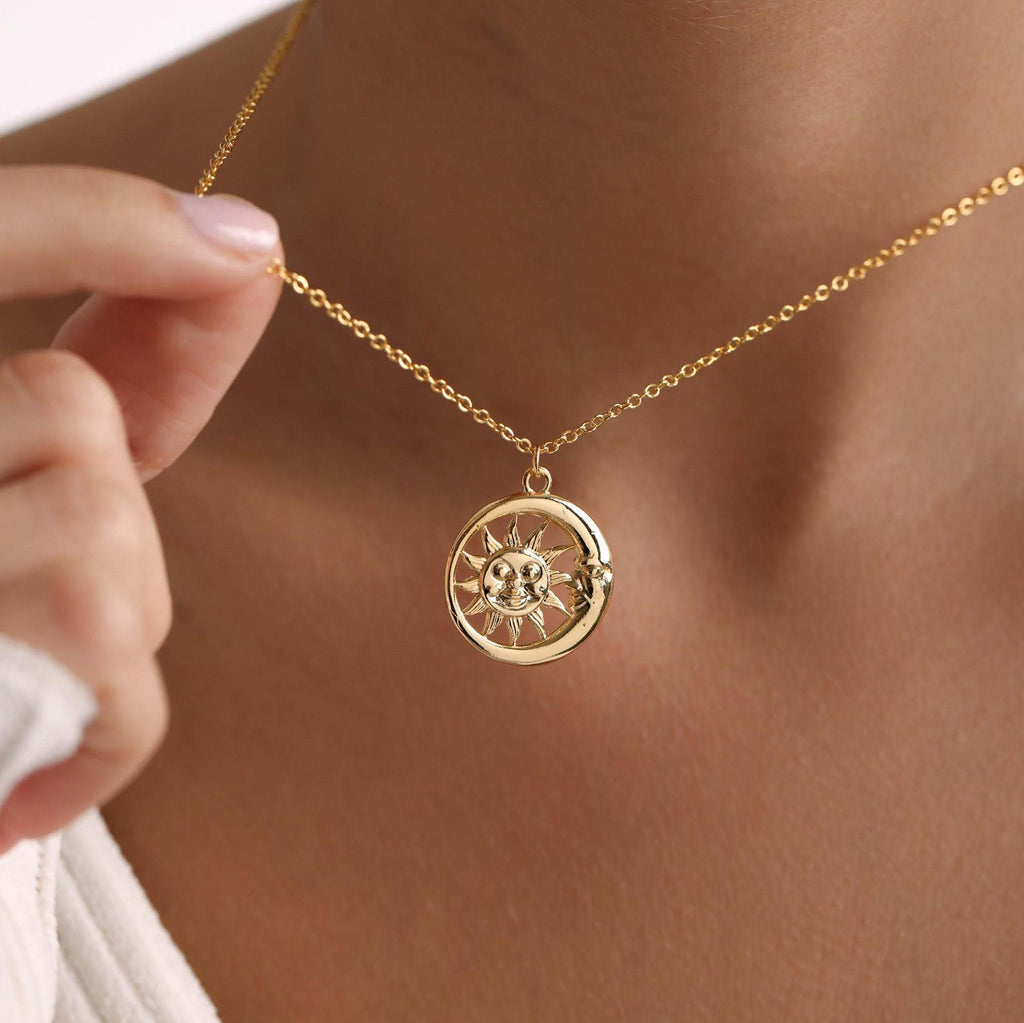 Plated Sun & Moon Face Pendant Necklace