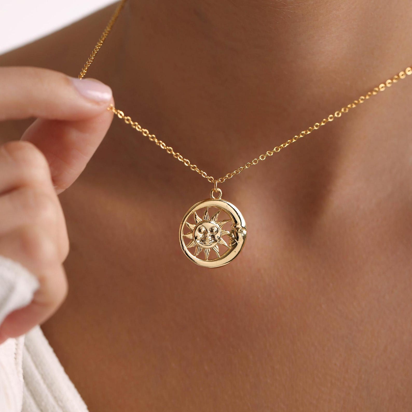 Plated Sun & Moon Face Pendant Necklace