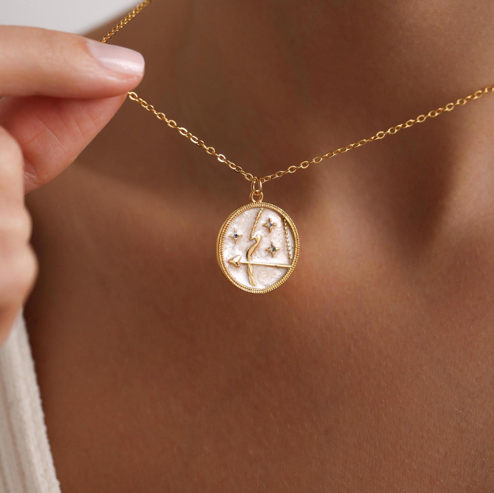Personalized Mother of Pearl Enamel Zodiac Pave Necklace