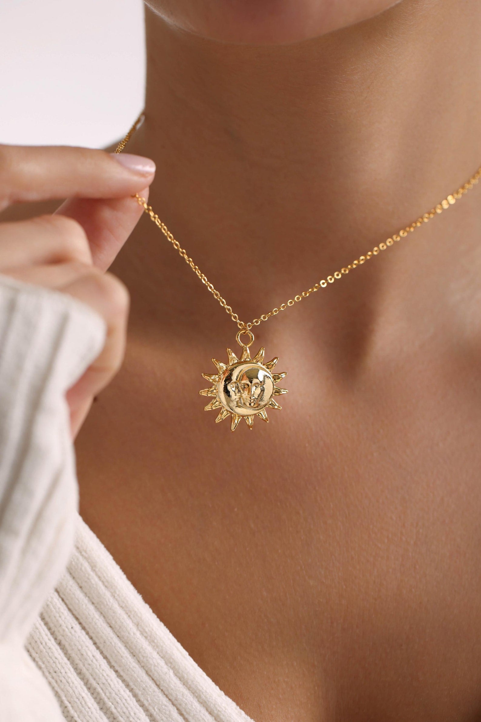 Plated Sun & Moon Face Pendant Necklace