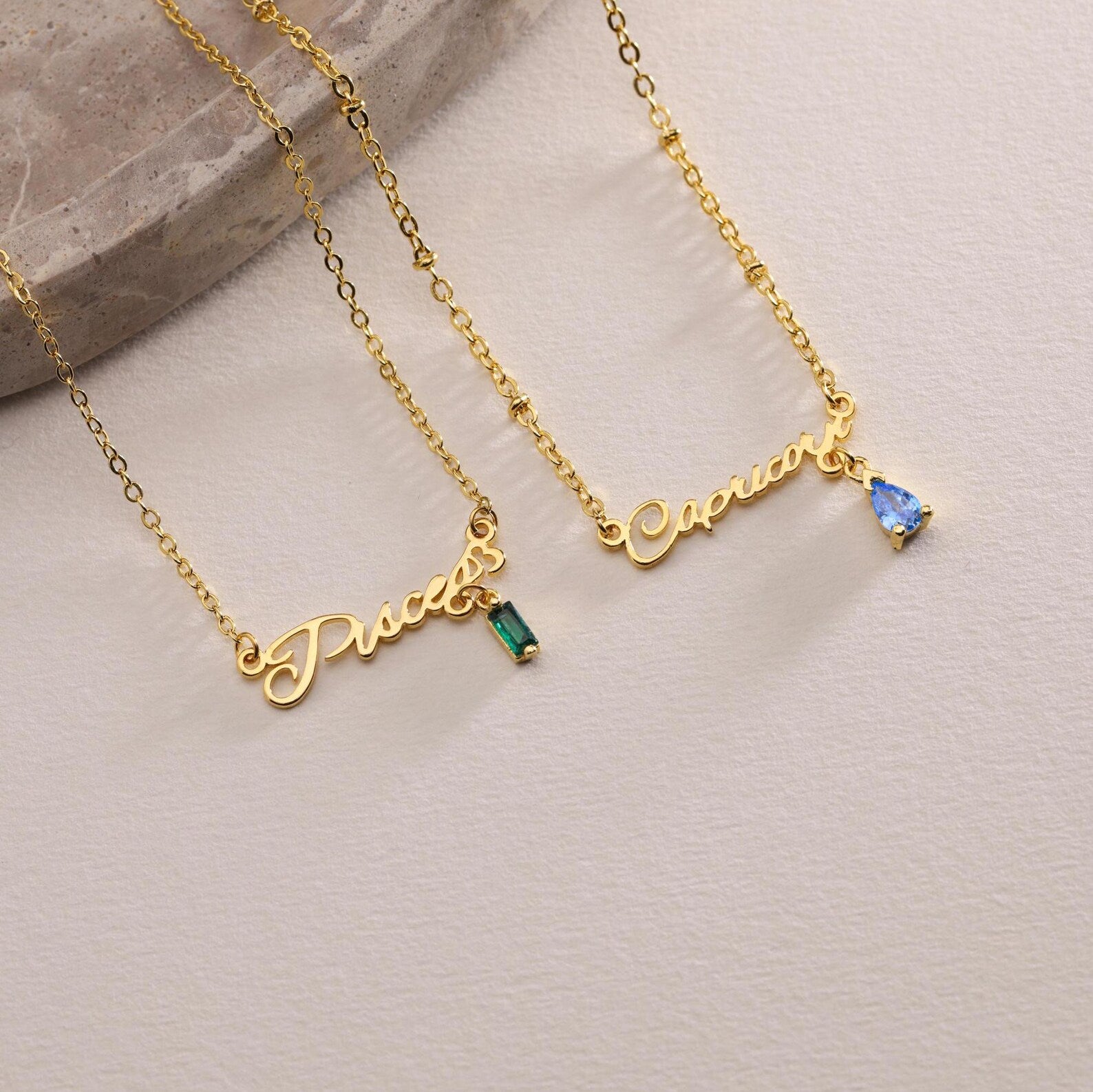 Gold Zodiac Sign Word Birthstone Necklace