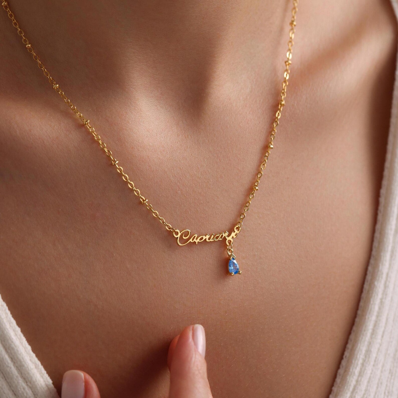 Gold Zodiac Sign Word Birthstone Necklace