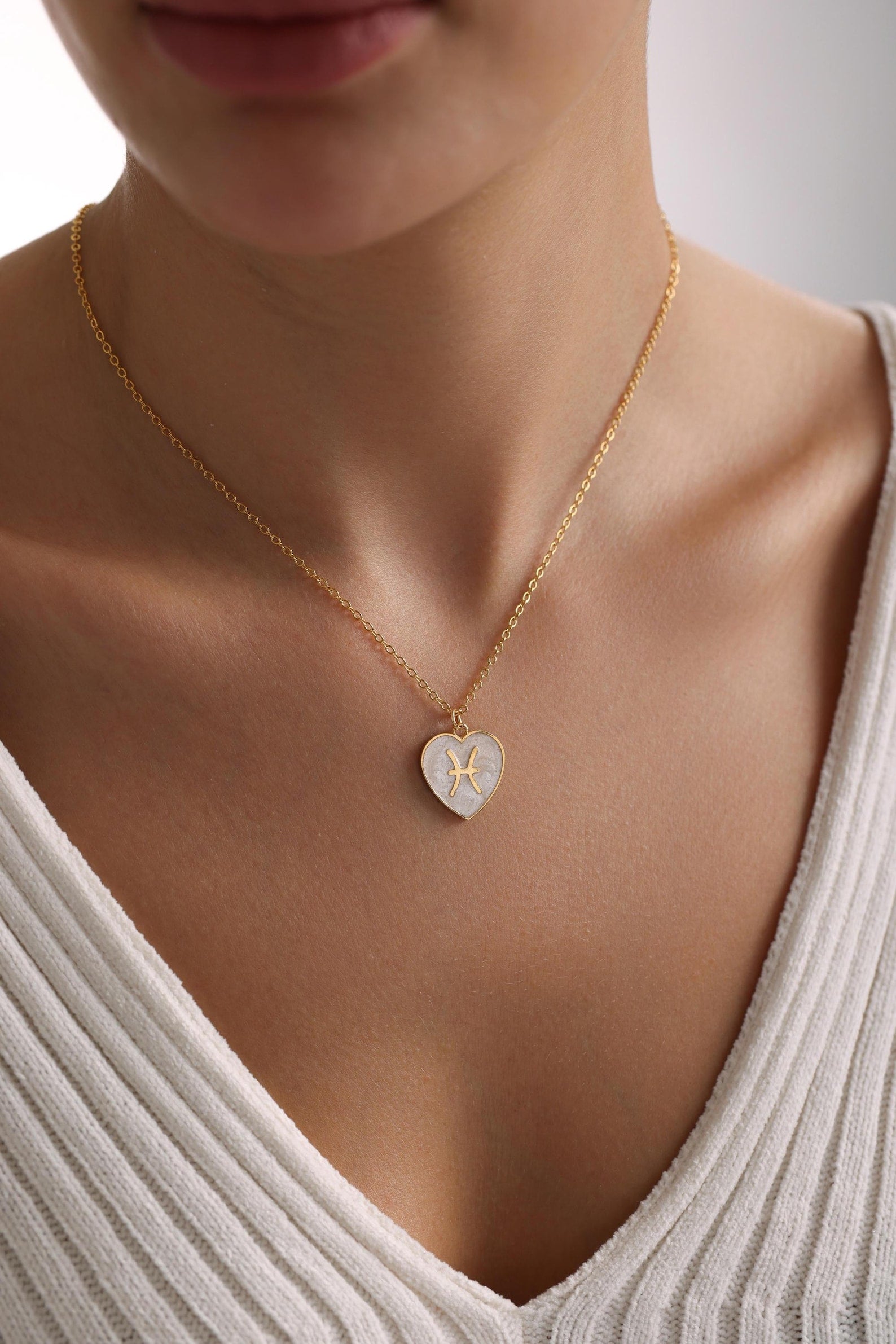 Mother of Pearl Enamel Heart Zodiac Pendant Necklace