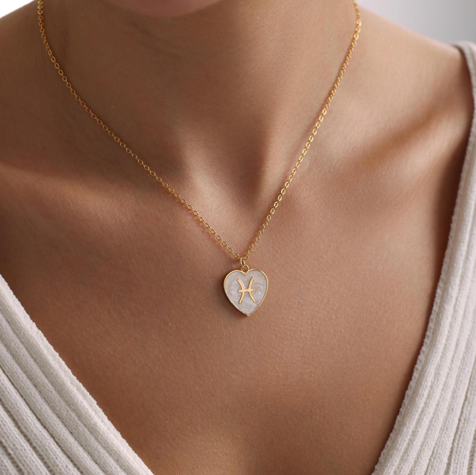 Mother of Pearl Enamel Heart Zodiac Pendant Necklace