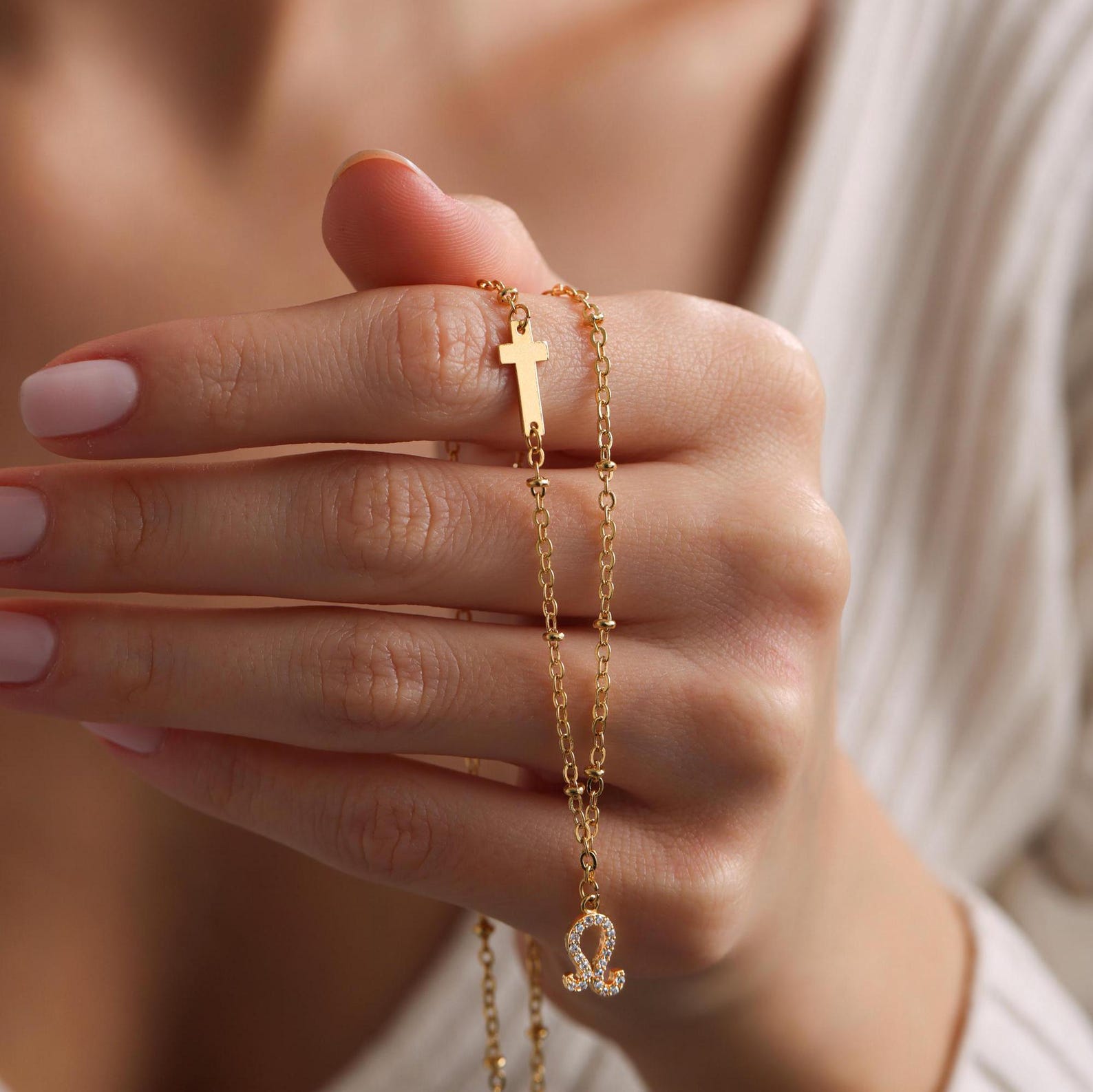 Gold Sideways Tiny Cross with Zodiac Necklace