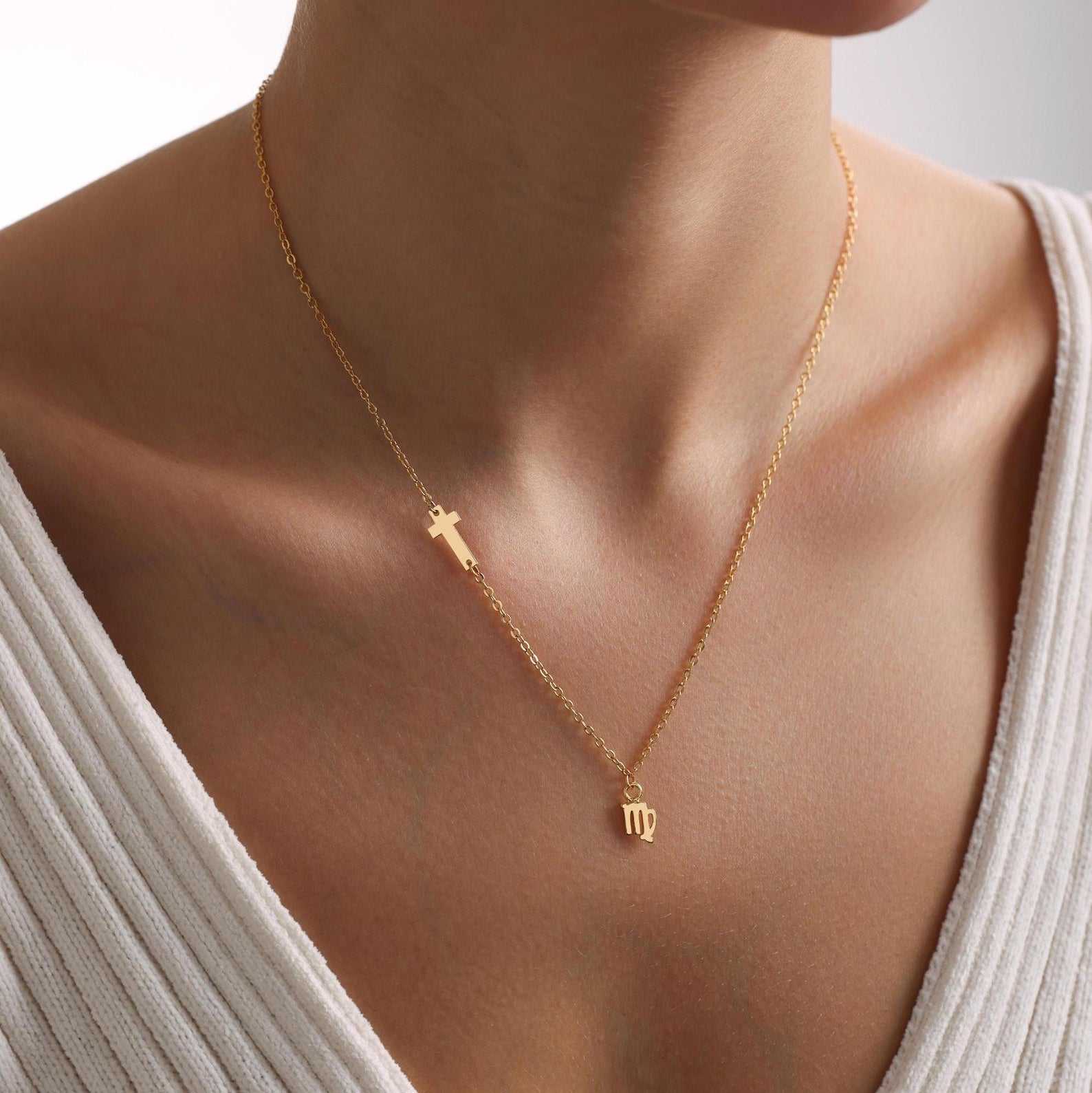 Gold Sideways Tiny Cross with Zodiac Necklace