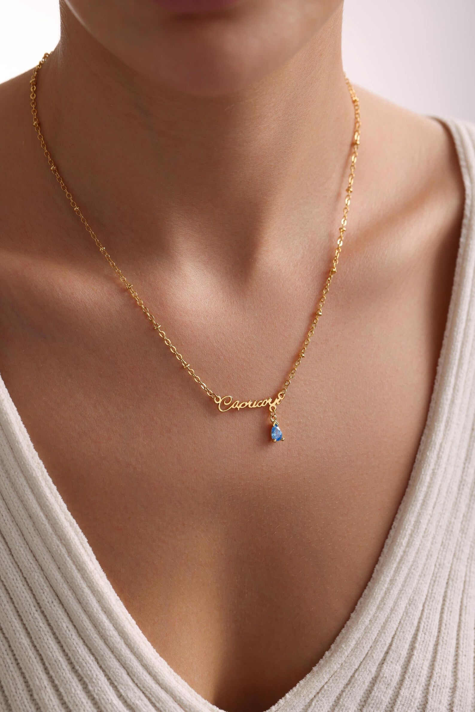 Gold Zodiac Sign Word Birthstone Necklace
