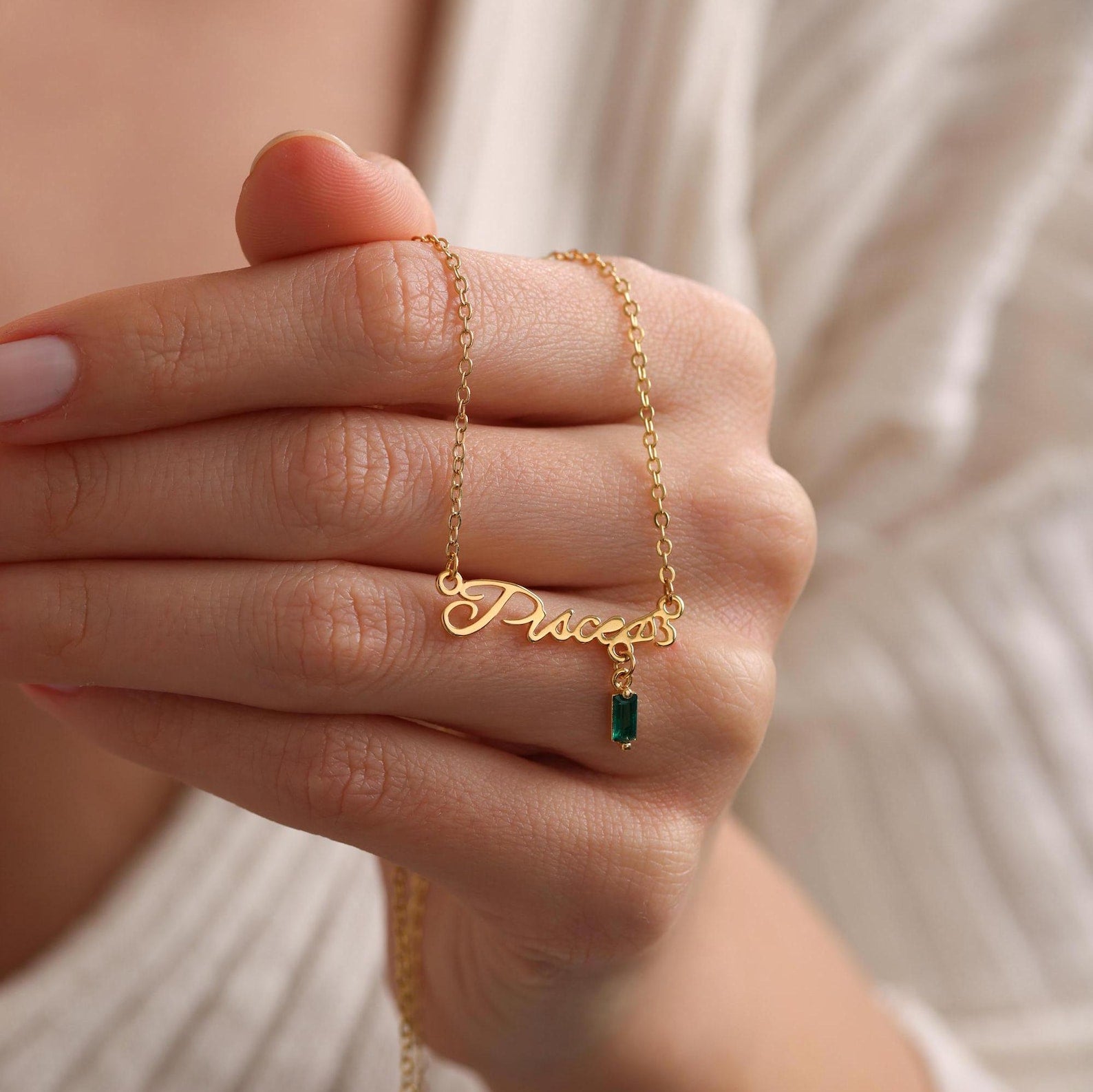 Gold Zodiac Sign Word Birthstone Necklace