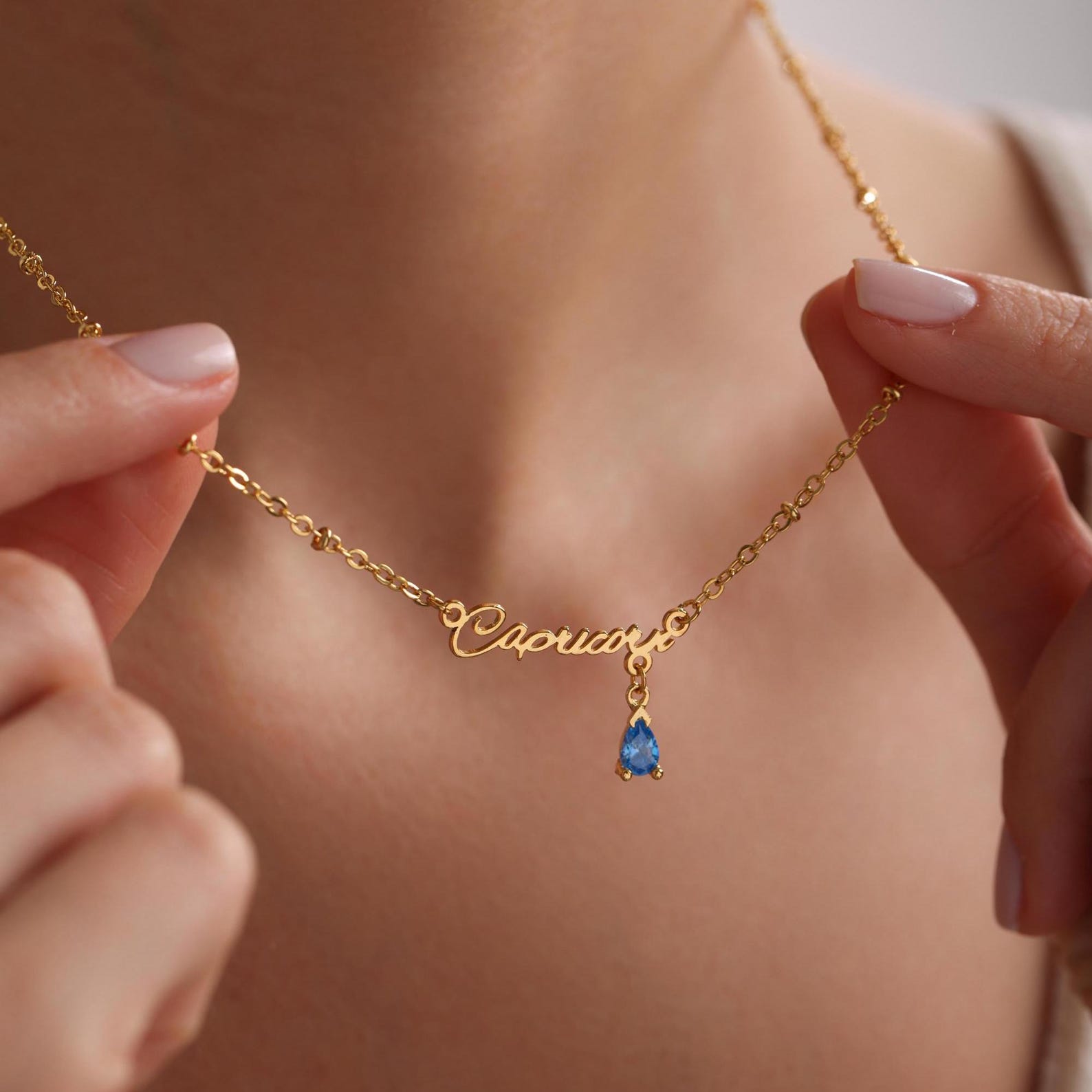 Gold Zodiac Sign Word Birthstone Necklace